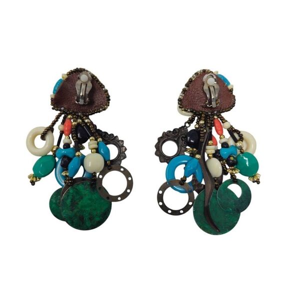 Vintage Eclectic Beaded Drop Clip-On Earrings | 3.50" - Picture 3 of 5